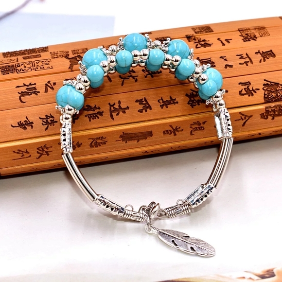 LEAF BOHEMIAN BOHO VINTAGE TURQUOISES BRACELET - Picture 4 of 6